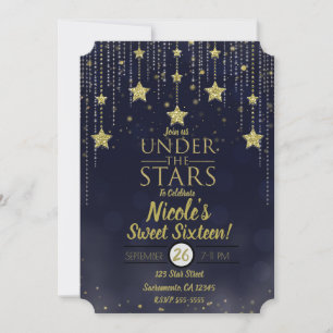 Invitación Azul y dorado bajo las estrellas Dulces 16 estrell
