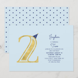 Invitación Azul y dorado | Cumpleaños moderno de un niño de 2