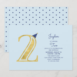 Invitación Azul y dorado   Cumpleaños moderno de un niño de 2