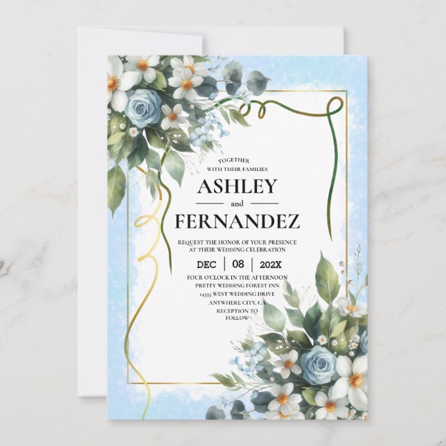 Invitación Azul y Dorado Elegante Floral Rústico Acuarela (Anverso)