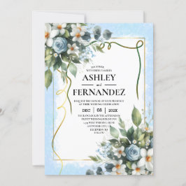 Invitación Azul y Gold Elegante Floral Rústica acuarela