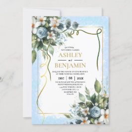 Invitación Azul y Gold Elegante Floral Rústica acuarela