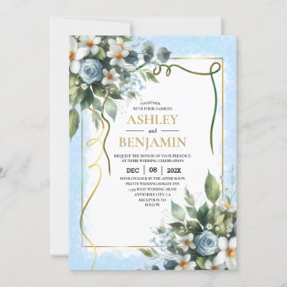 Invitación Azul y Gold Elegante Floral Rústica acuarela