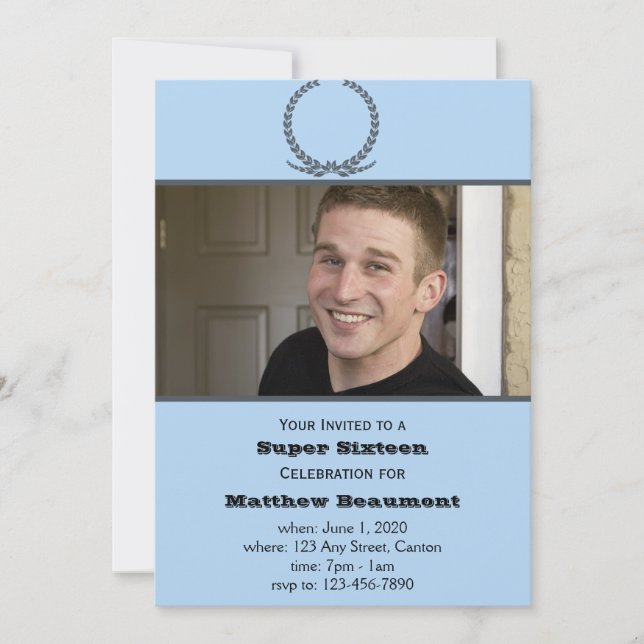 Invitación azul y gris de la fiesta de cumpleaños (Anverso)