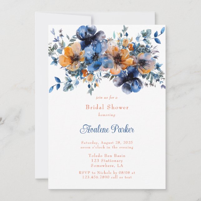 Invitación Azul y Naranja acuarela Floral Bridal Shower (Anverso)