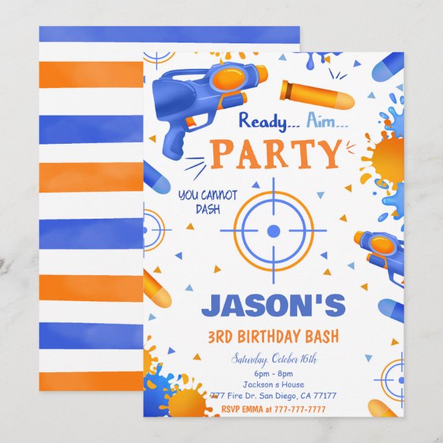 Invitación Azul y Naranja Dart Gun Cumpleaños (Anverso / Reverso)