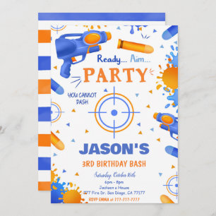 Invitación Azul y Naranja Dart Gun Cumpleaños