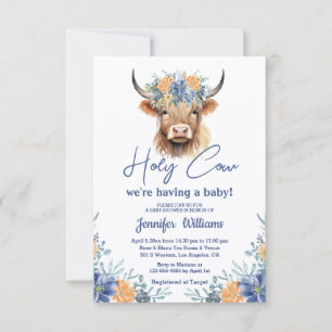 Invitación AzuL y Naranja Floral Holy Cow Niño Baby Shower