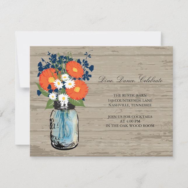 Invitación Azul y Naranja Mason Jar Wood | Recepción (Anverso)