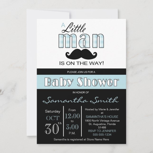 Invitación azul y negra de Little Man Baby Shower (Anverso)