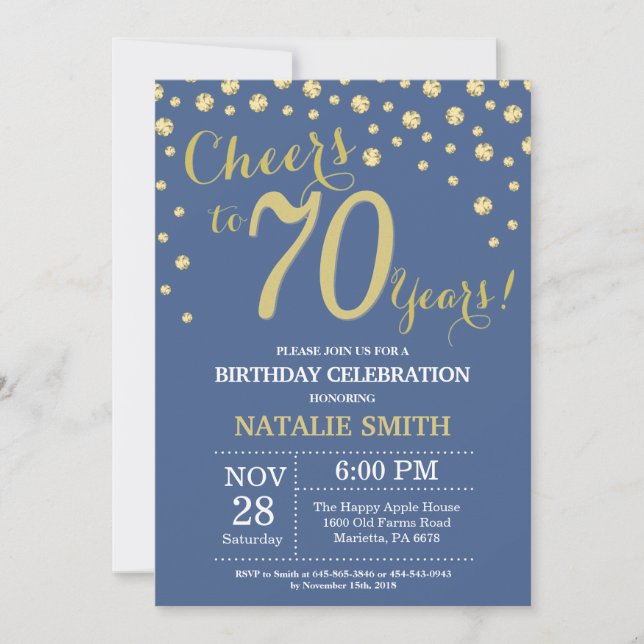 Invitación Azul y Oro 70.º Diamante de Cumpleaños (Anverso)