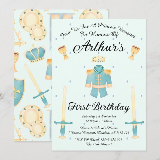 Invitación Azul y oro acuarela Principito Cumpleaños (Anverso / Reverso)