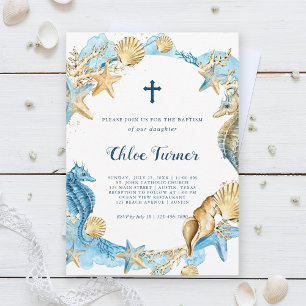 Invitación Azul y oro bajo el bautismo marino