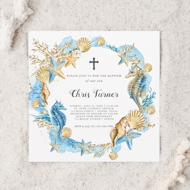 Invitación Azul y oro bajo el bautismo marino (Subido por el creador)