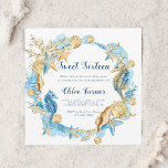 Invitación Azul y oro bajo el mar Dulce Dieciséis cumpleaños<br><div class="desc">Personalice esta invitación de cumpleaños bajo el mar que incluye caballitos de mar,  estrellas,  conchas y arrecifes de coral. Para una personalización más avanzada de este diseño,  haga clic en el BOTÓN HERRAMIENTA DE DISEÑO AZUL de arriba. También están disponibles los elementos coincidentes.</div>