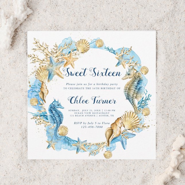 Invitación Azul y oro bajo el mar Dulce Dieciséis cumpleaños (Subido por el creador)