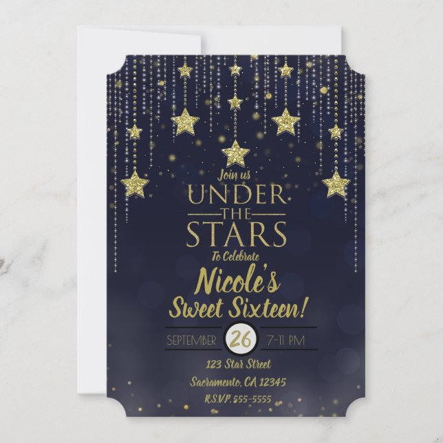 Invitación Azul y oro bajo las estrellas Starry Sweet 16 (Anverso)