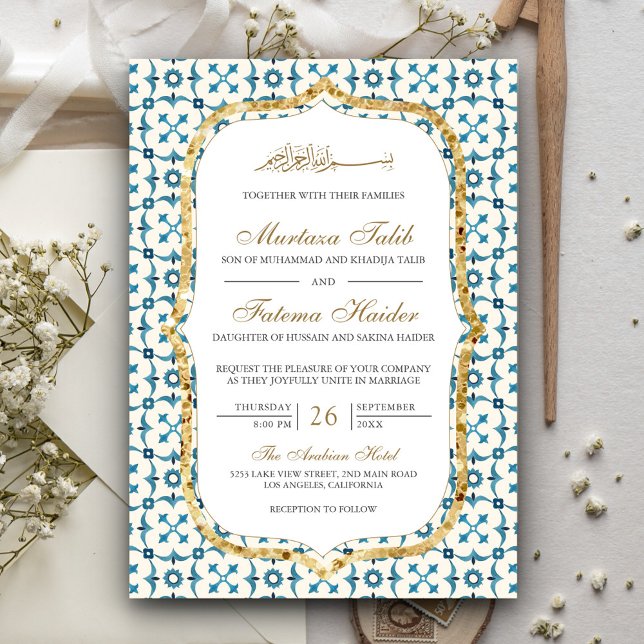 Invitación Azul y oro Boda islámico en mosaico marroquí (Subido por el creador)