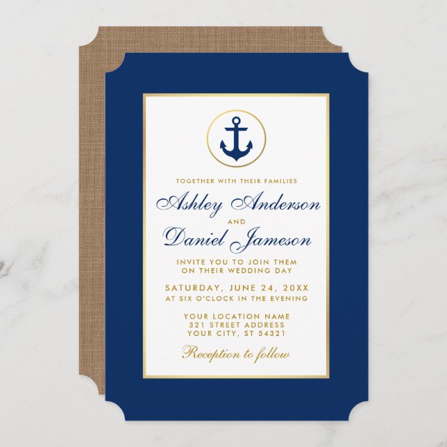 Invitación azul y oro Boda náutico B (Anverso / Reverso)