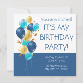 Invitación Azul y oro. Elegante cumpleaños