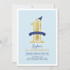 Invitación Azul y oro | Niño Fiesta de cumpleaños 1