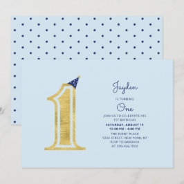 Invitación Azul y oro | Niño moderno lindo Fiesta de primer c