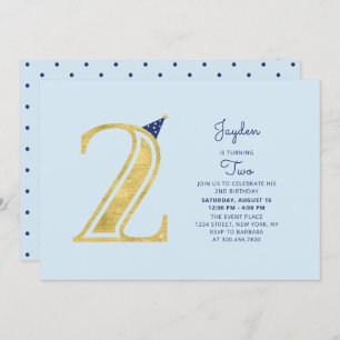 Invitación Azul y oro   Pequeño y moderno Fiesta del segundo