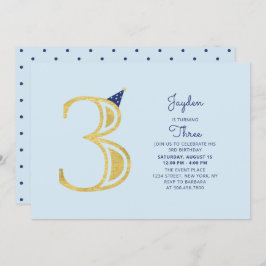 Invitación Azul y oro | Pequeño y moderno Fiesta del tercer c