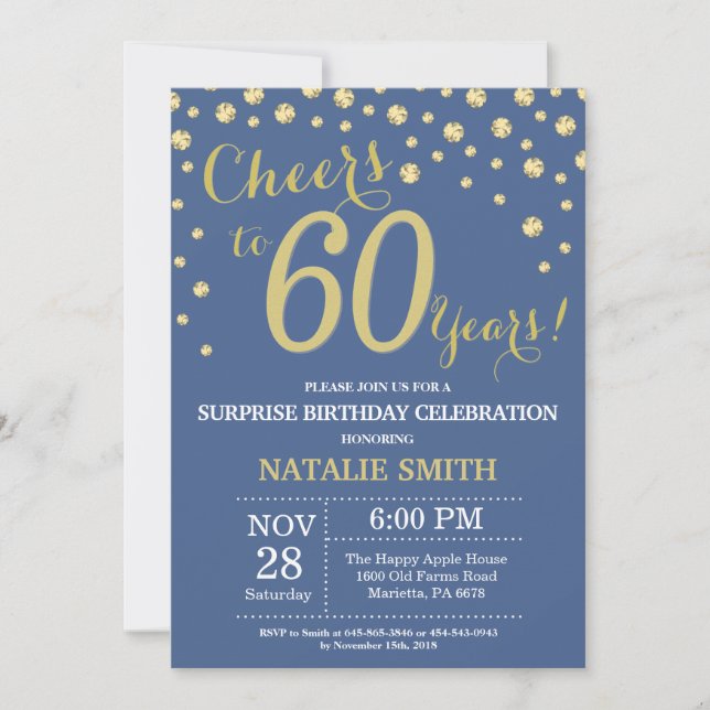 Invitación Azul y oro Sorpresa 60 cumpleaños Diamante (Anverso)