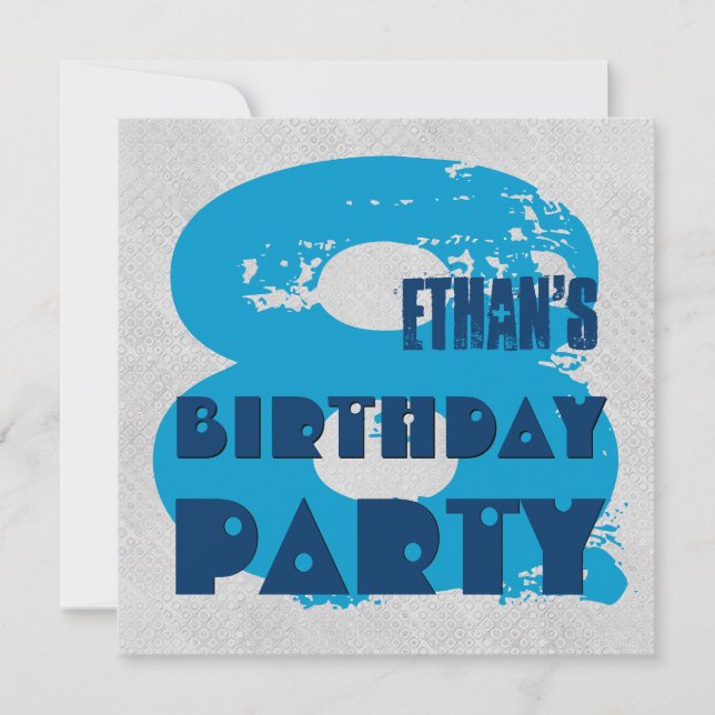 Invitación AZUL y PLATA 8vo cumpleaños V11G de 8 años (Anverso)