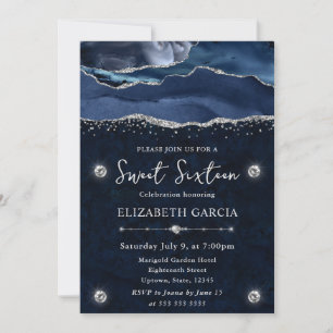 Invitación Azul y Plata Agata Brillante Cumpleaños 16