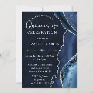 Invitación Azul y Plata Agata Brillo Quinceanera