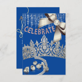 Invitación Azul y plata con corona de diamantes azul fiesta