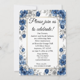 Invitación Azul y Plata con Marco 25 Aniversario