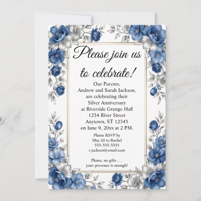 Invitación Azul y Plata con Marco 25 Aniversario (Anverso)