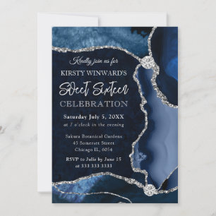 Invitación Azul y Plata Falso Brillo Ágata Dulce 16