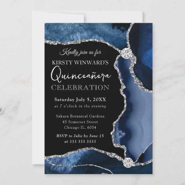 Invitación Azul y Plata Falso Brillo Ágata Quinceañera (Anverso)