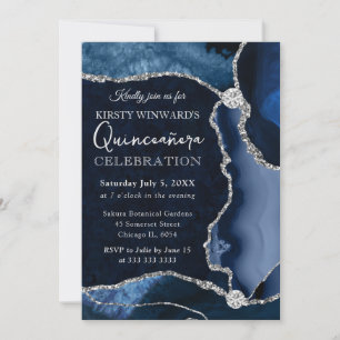 Invitación Azul y Plata Falso Brillo Ágata Quinceañera