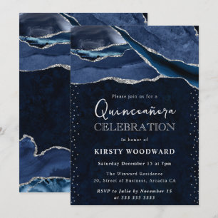 Invitación Azul y Plata Glitter Agata Quinceañera