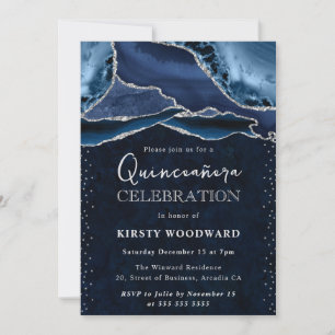 Invitación Azul y Plata Glitter Agata Quinceañera