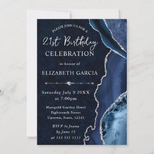 Invitación Azul y plata Glitter Agata y mármol Cumpleaños