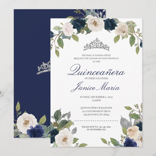 Invitación Azul y Plata Tiara Floral Elegante Quinceañera (Anverso / Reverso)