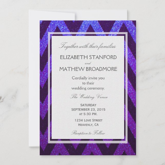 Invitación Azul y púrpura Chevron moderno (Anverso)