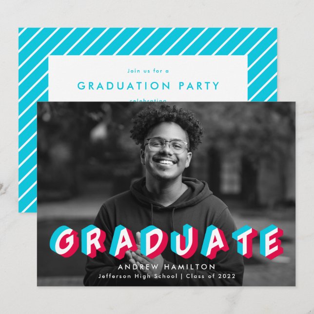 Invitación Azul y rosa| Partido de graduación fotográfica de  (Anverso / Reverso)
