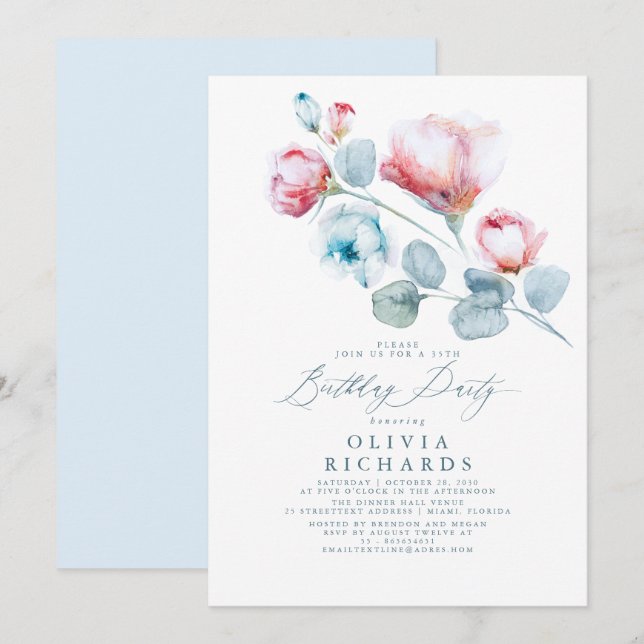 Invitación Azul y rosa turbios cumpleaños romántico floral (Anverso / Reverso)