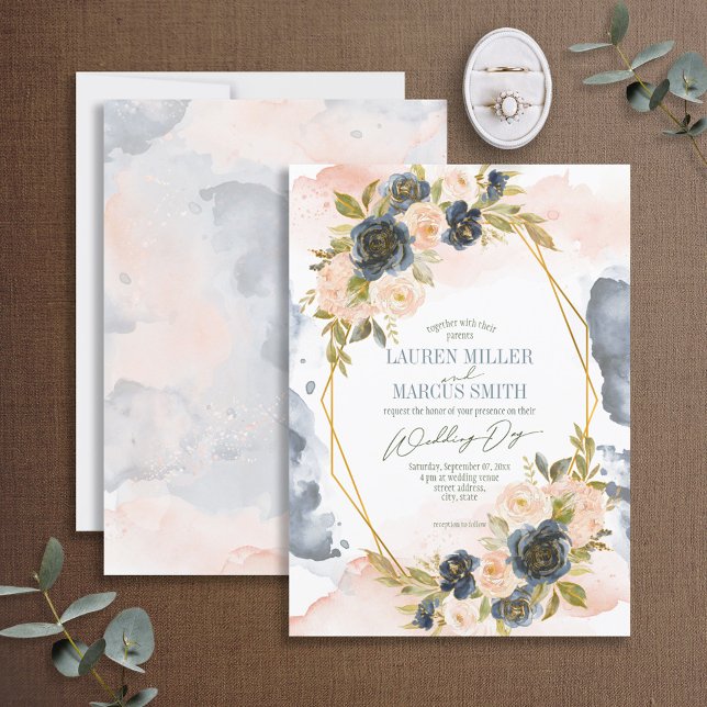 Invitación Azul y Rubor acuarela Floral Gold Geométrico (Subido por el creador)