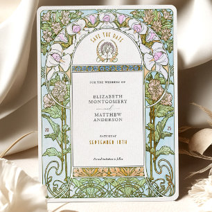 Invitación Azul y Rubor Florals Art Nouveau Guardar la fecha