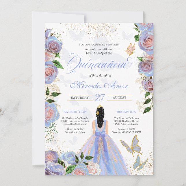 Invitación Azul y Rubor Roses rosados Mariposa Quinceanera In (Anverso)