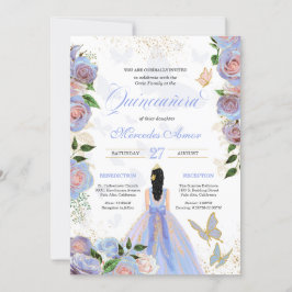 Invitación Azul y Rubor Roses rosados Mariposa Quinceanera In