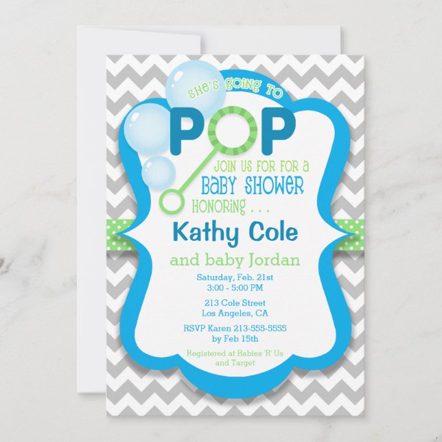 Invitación azul y verde de Baby Shower Bubble Pop  (Anverso)